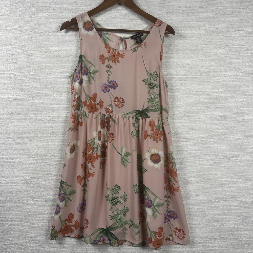 Floral Boho Fit Flare Dress Blush Pink Lace Up Back Sleeveless T.I.M.I.N.G. Lg